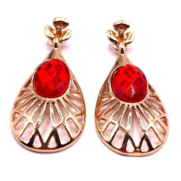 Yellow Gold with Ruby and White Crystal Teardrop Flower Post Back Earrings - Picture 2 of 6